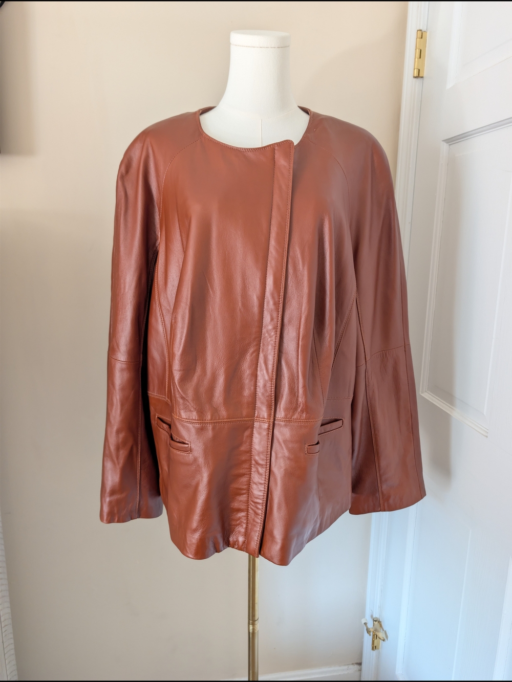 Hal Rubenstein Cognac Brown 100% Genuine Leather Jacket Size 2X Collarless